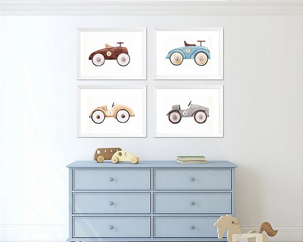 Quadro infantil tema carrinhos de corrida vintage em aquarela - Decorando  com amor! Quadros Decorativos.