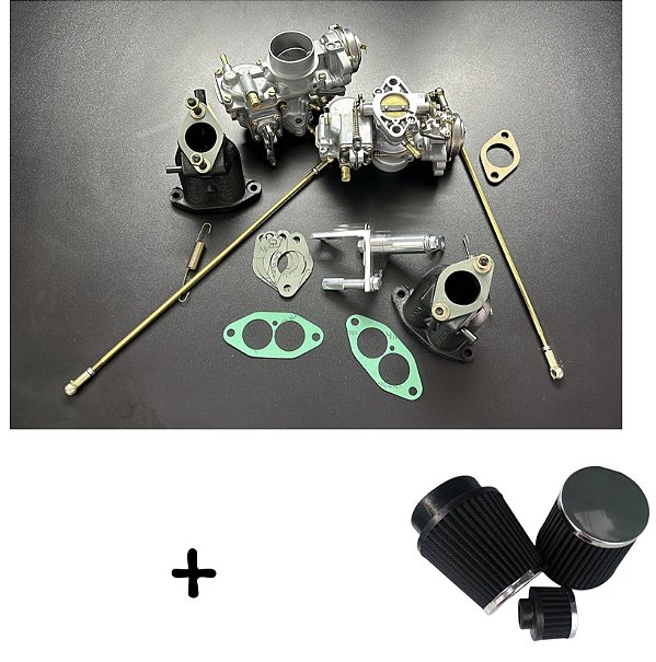 Kit Dupla Carburação Solex H32 Fusca 1600 Gasolina com Acionamento Roletado + Par de Filtros Esportivos e Respiro