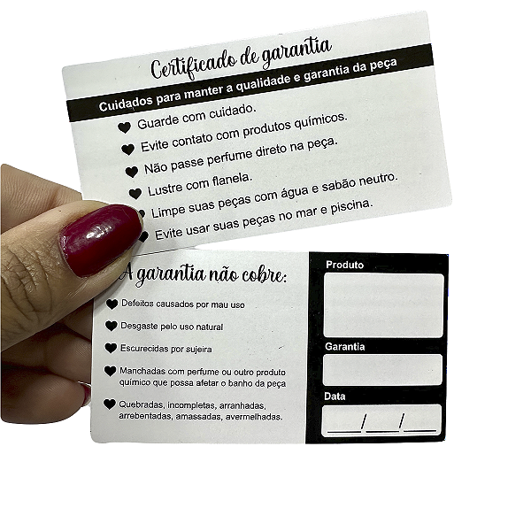 Certificado De Garantia Cuidados Semi Joias - 50 Unid.