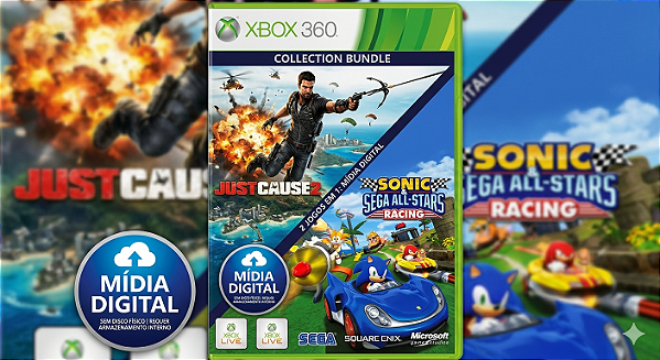 Sonic & All-Stars Racing Transformed + JUST CAUSE 2 Xbox 360 Jogo Digital Transferência Licença