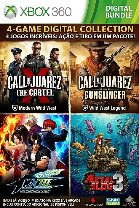 Call of Juarez: The Cartel + Call of Juarez: Gunslinger + the king of fighters xiii + Metal Slug 3 Xbox 360 Jogo Digital Transferência Licença