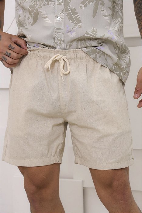 Shorts Curto Masculino Linho Bege com Cordão