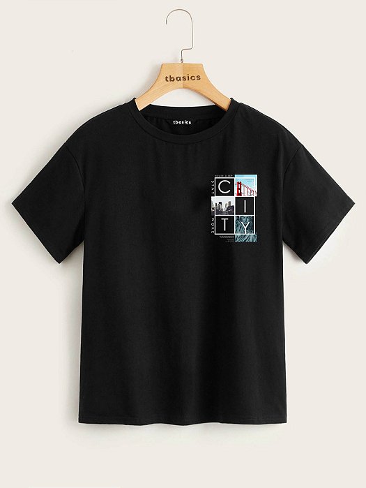 Camiseta Street Wear Preta Estampa City 100% Algodão Linha Premium