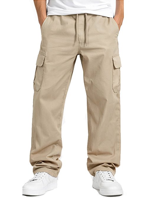 Calça Cargo Reta Masculina Bege Larga Skate Bolso Lateral Unissex