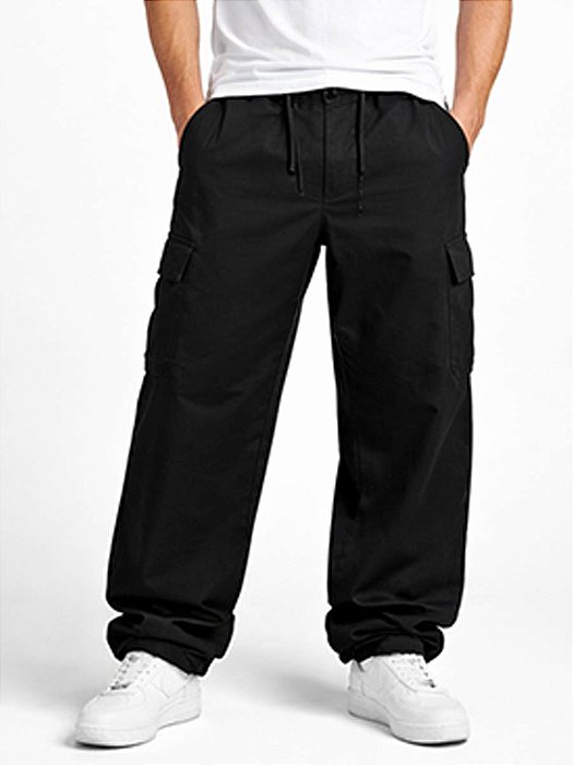 Calça Cargo Reta Masculina Preta Larga Skate Bolso Lateral Unissex