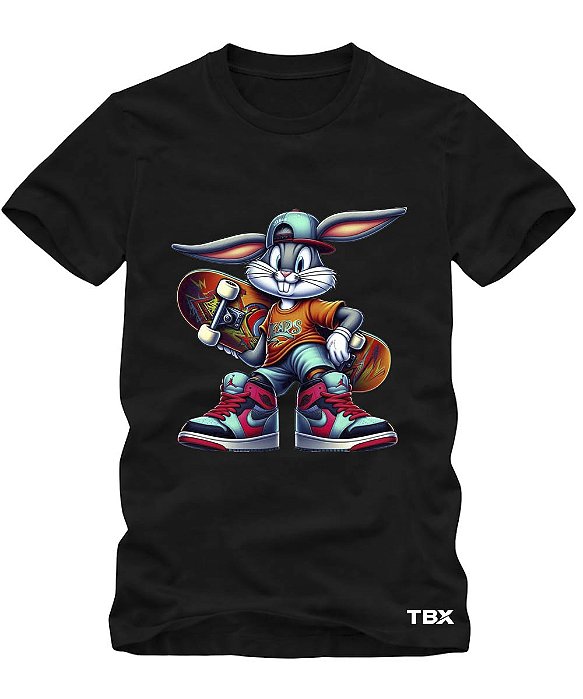 CAMISETA INFANTIL DE ALGODÃO PENTEADO COELHO SKATE