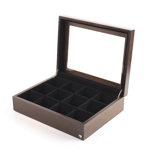Estojo Porta Relógio de Bolso 12 Nichos Nobre Madeira | Tabaco Preto