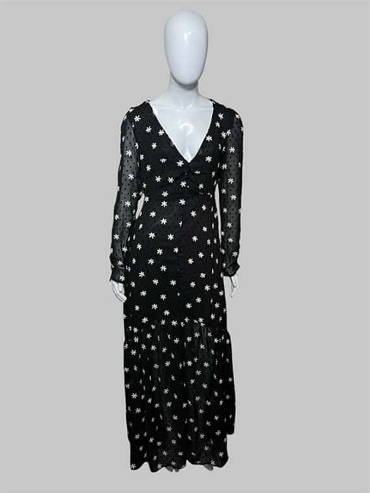 Vestido preto com detalhes de flor branco TAM P