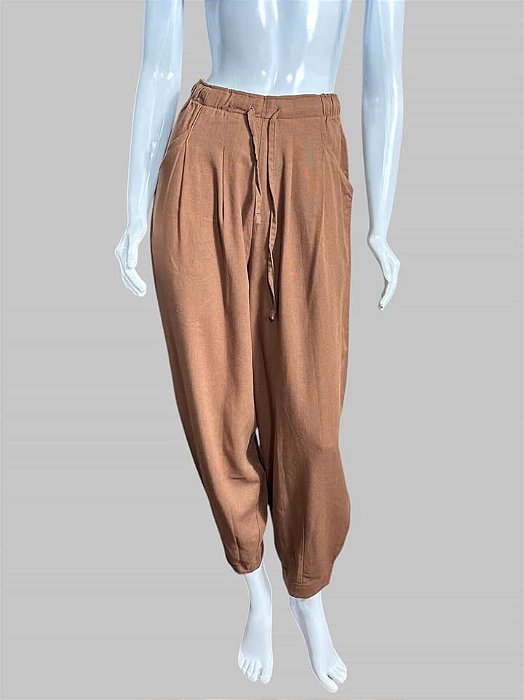 CALÇA BALLOON MARROM EM LINHO TAM PP