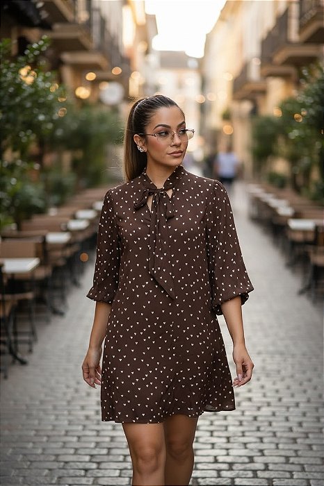 VESTIDO MARROM CORAÇÕES P CÓD.356