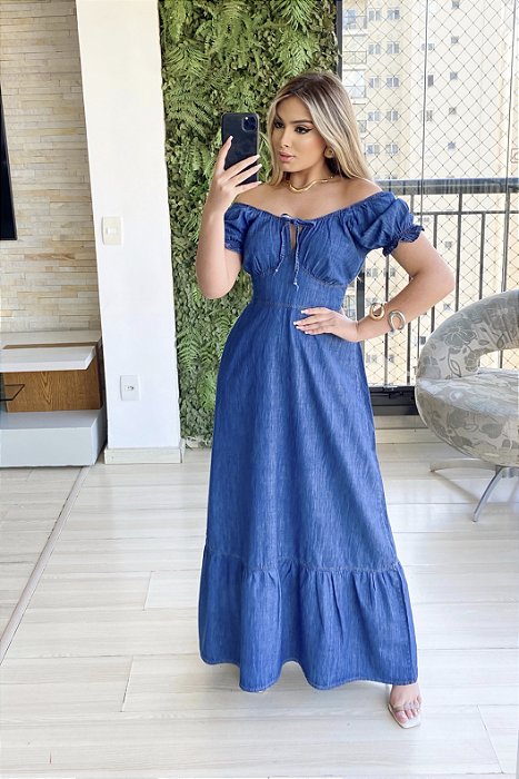 Vestido Longo Jeans Manga Curta