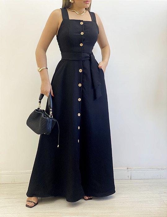 Vestido Longo Linho de Botões