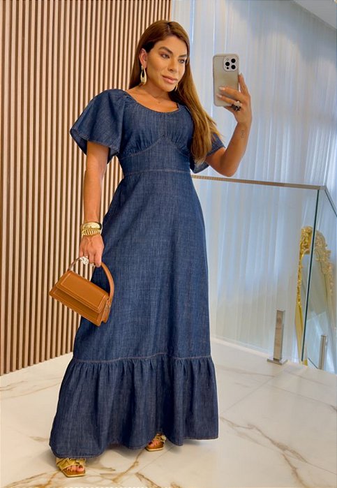 Vestido Longo Jeans Manga Curta