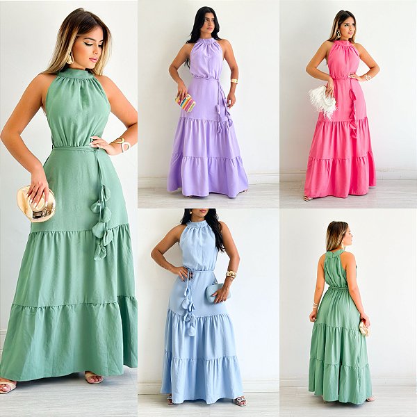 Vestido Longo Cavado Cinto de Flor