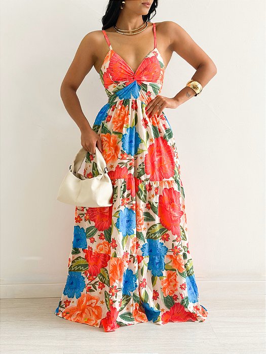 Vestido Longo Estampado Com Nó