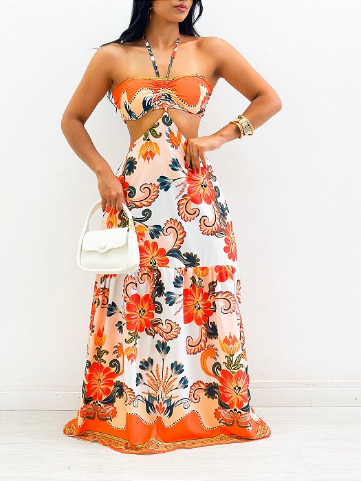 Vestido Longo Estampado Vazado