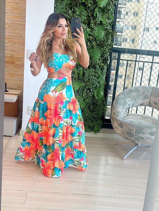 Vestido Longo Estampado Vazado