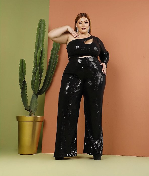 Calça Pantalona Paetê Plus Size