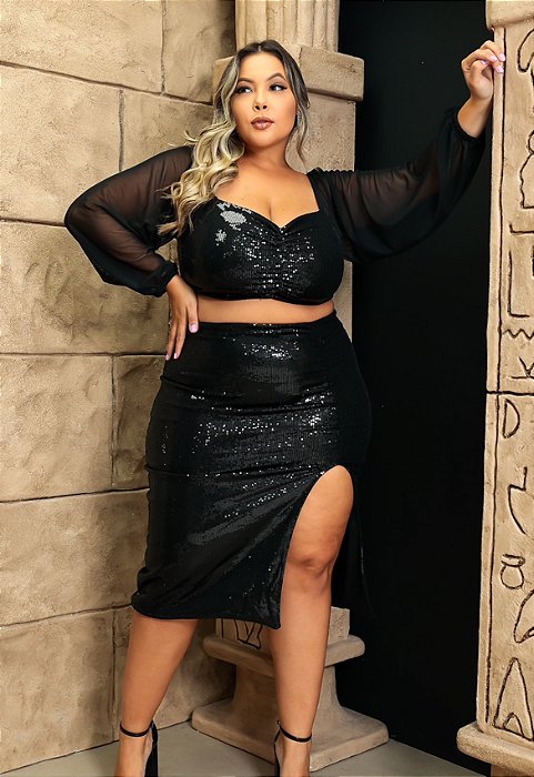 Saia Midi Paetê Plus Size