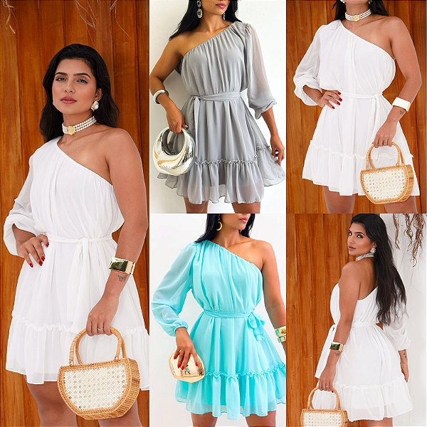 Vestido Curto Ombro Único Manga Longa