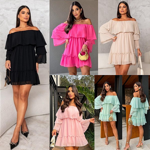 Vestido Curto Manga Longa De Babado