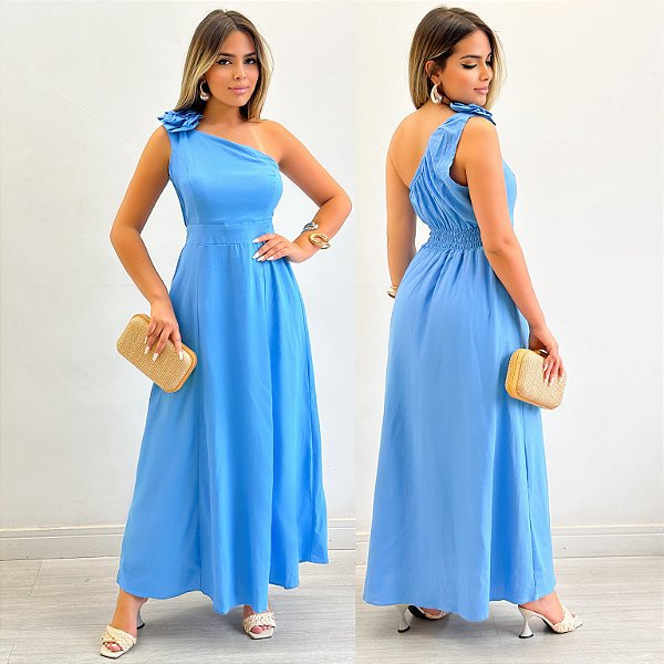 Vestido Longo Ombro Único Com Flor