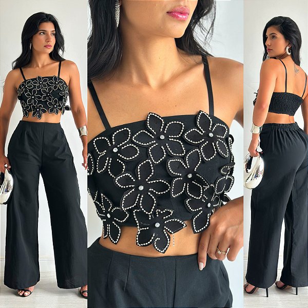 Conjunto De Calça & Cropped Em Pedraria
