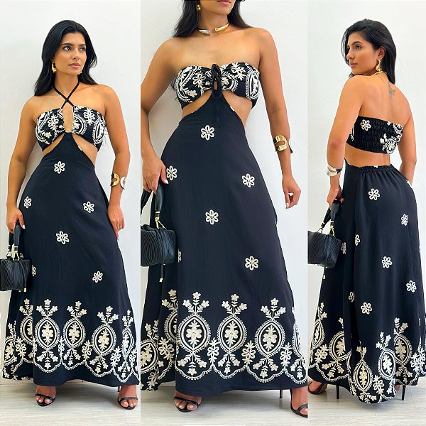 Vestido Longo De Amarração Bordado