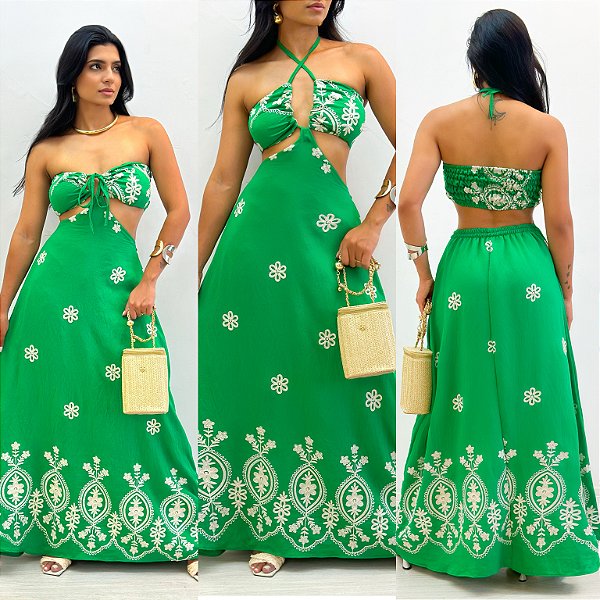 Vestido Longo De Amarração Bordado