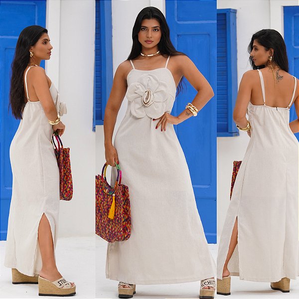 Vestido Longo De Alça Com Flor