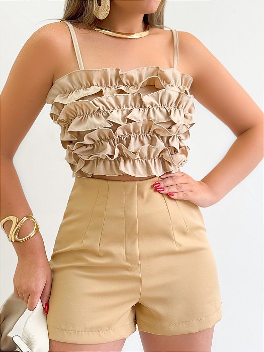 Cropped De Alça Com Babado Alfaiataria