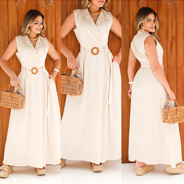 Vestido Longo De Gola Com Cinto