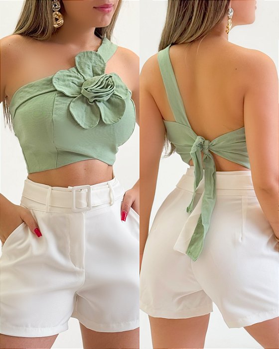 Cropped Ombro Único Com Flor
