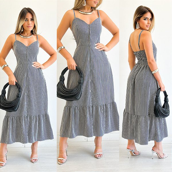 Vestido Longo De Alça Listrado