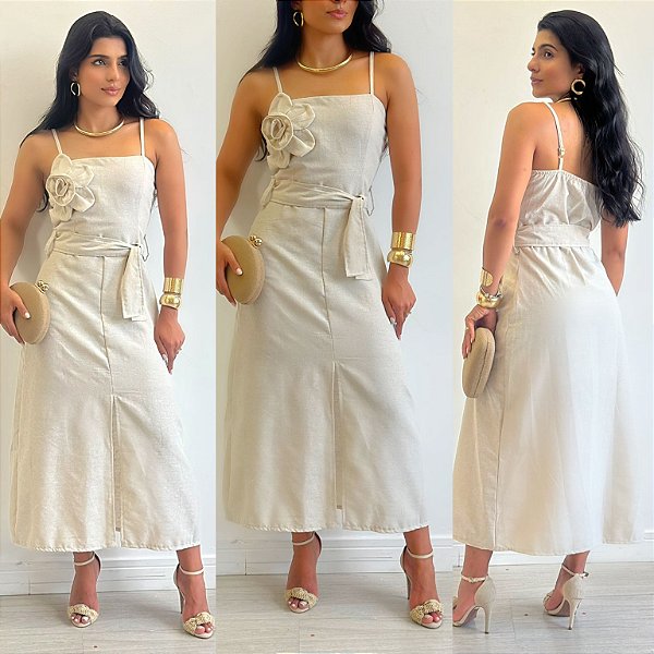 Vestido Midi De Alça Com Flor C/ Cinto Faixa