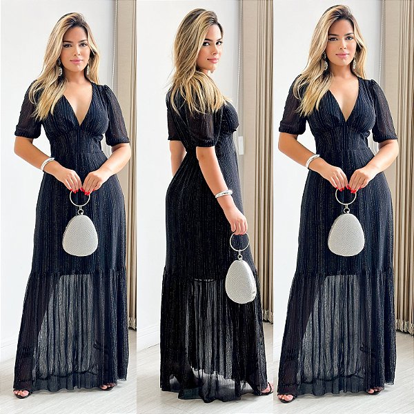 Vestido Longo De Lurex Com Manga