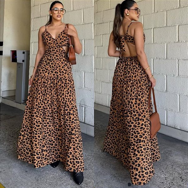 Vestido Longo Estampado De Onça