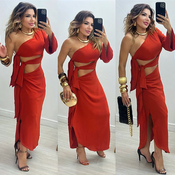 Vestido Midi Ombro Único Vazado