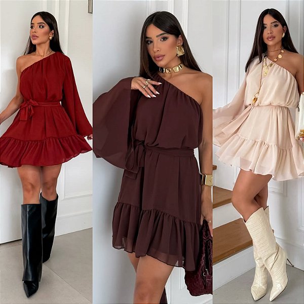 Vestido Curto Ombro Único Boho