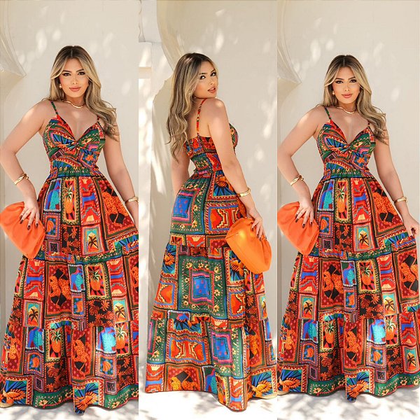 Vestido Longo Estampado De Alça