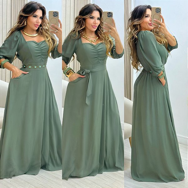 Vestido Longo De Manga 3/4