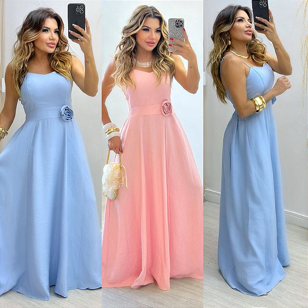 Vestido Longo de Alça com Flor