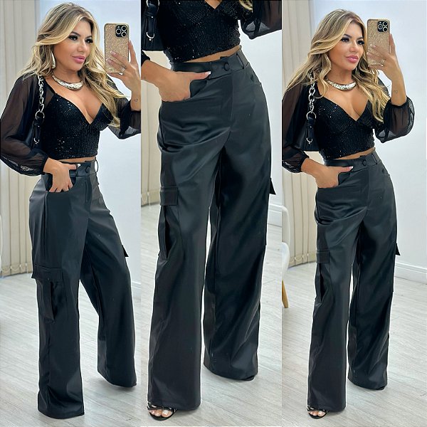 Calça Cargo De Couro Eco