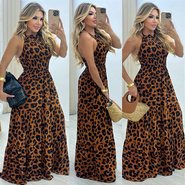 Vestido Longo Estampado De Onça