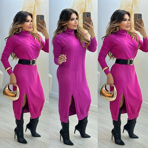 Vestido Midi Manga Longa de Gola