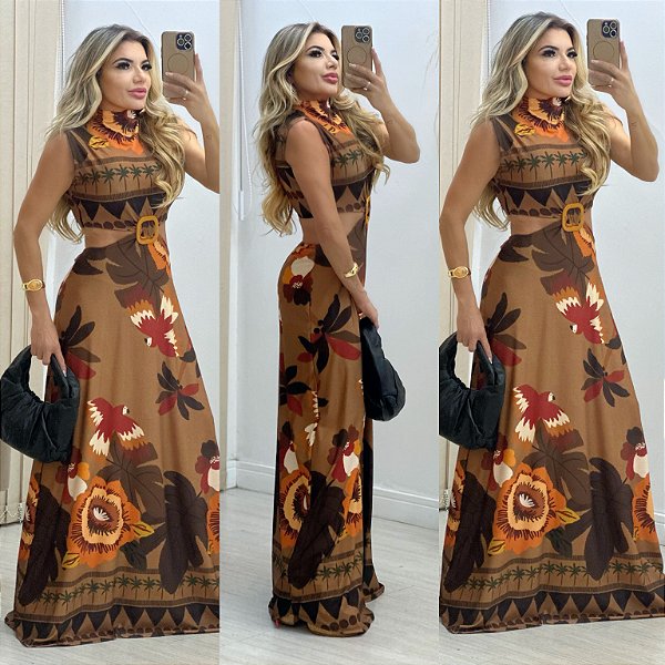 Vestido Longo Estampado Vazado