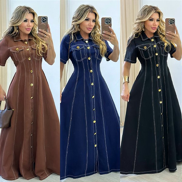 Vestido Longo De Manga C/ Botões Dourado