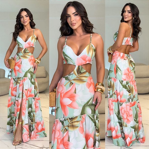 Vestido Longo Vazado Estampado