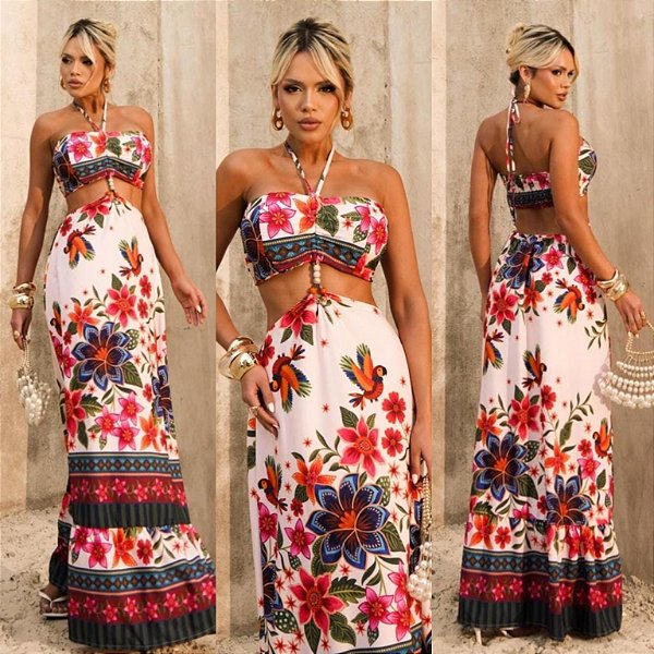 Vestido Longo Estampado Vazado