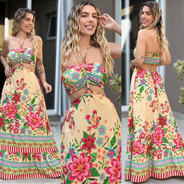 Vestido Longo Estampado Vazado